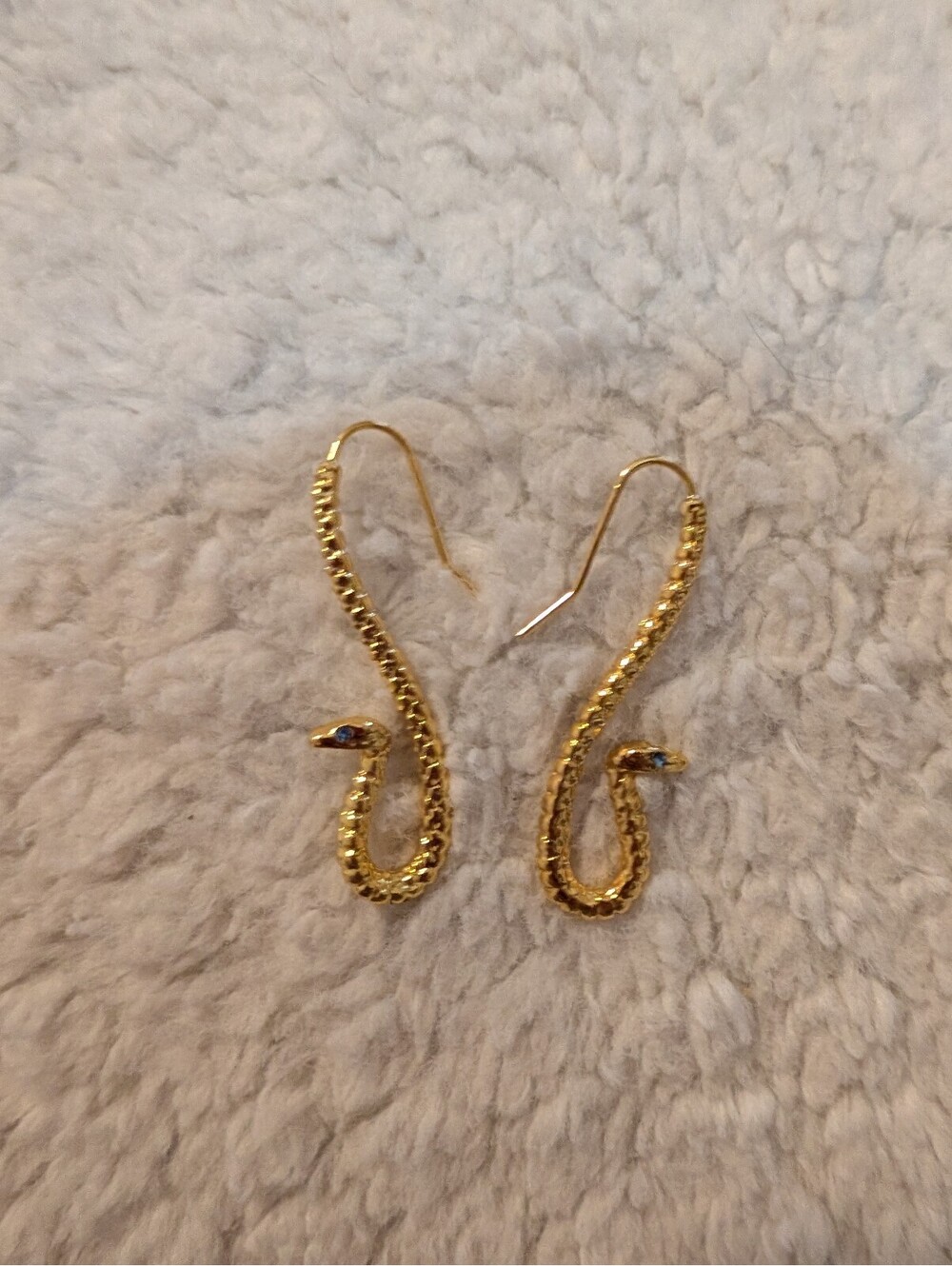 Gold Tone Snake Shaped Dangle Earrings with Colored Eyes
